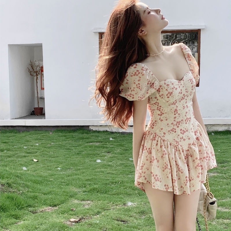 COZOK Đầm Tay Ngắn Cổ Vuông Họa Tiết Hoa Dáng Ôm Hợp Thời Trang