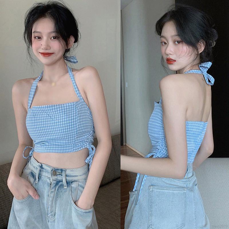 Áo croptop hai dây họa tiết caro thời trang quyến rũ cho nữ