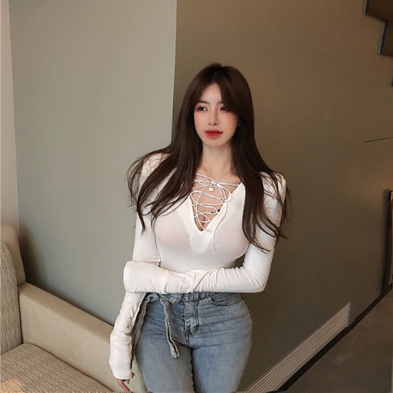 IELGY Áo Thun Nữ Dài Tay Cổ Chữ V Ôm Dáng Phong Cách retro Hong Kong