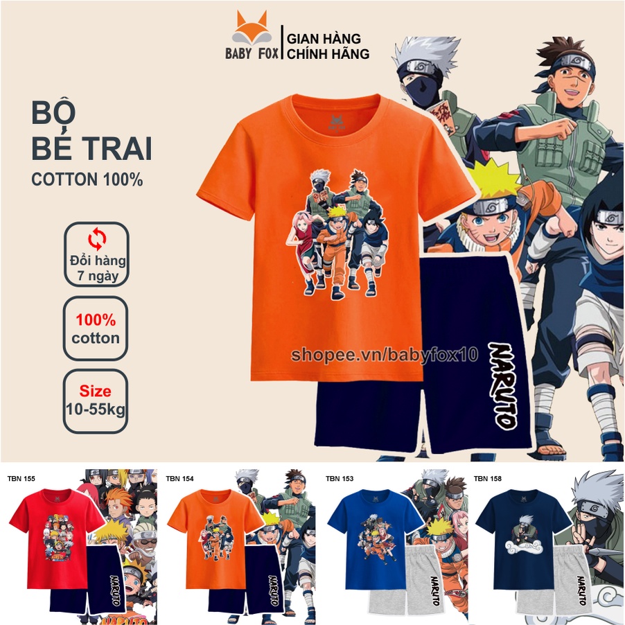 Bộ thun bé trai 100% cotton loại tốt, thương hiệu BABY FOX, hình Naruto, size nhí trung, đại l