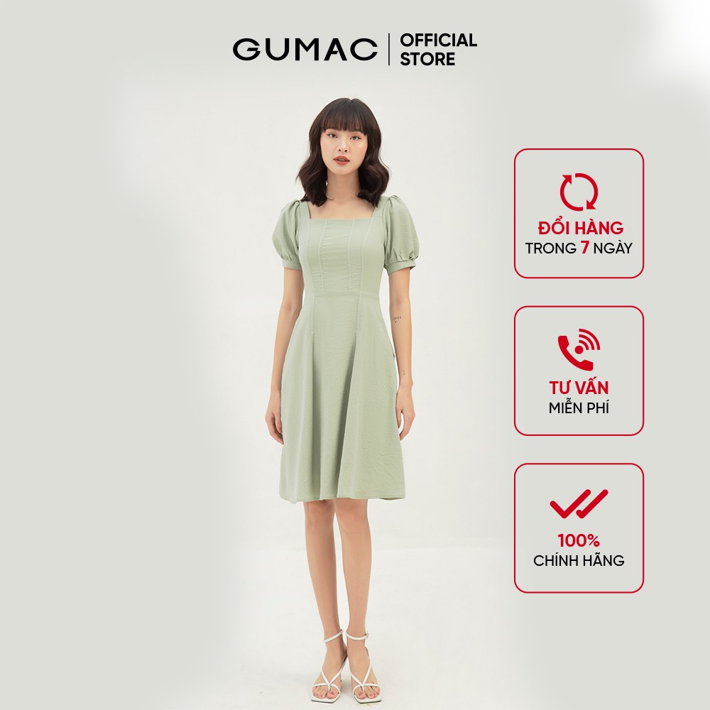 [Mã MABR07062 giảm 8% tối đa 50K đơn từ 249K] Đầm xòe nữ cổ vuông dằn chỉ GUMAC màu xanh trơn DB345 | BigBuy360 - bigbuy360.vn
