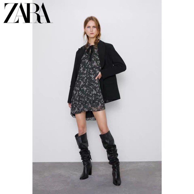 Đầm ZARA hoa nhí xanh trầm cổ nơ kín đáo xinh đẹp DH1XG5N5 new *