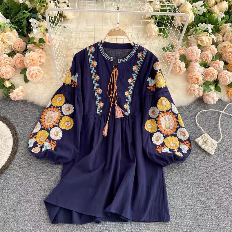 [HÀNG ORDER] Đầm baby doll thêu hoạ tiết hoa boho tay dài phồng dễ thương