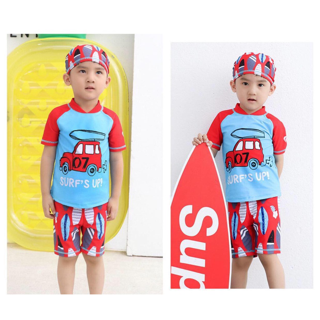 Bộ bơi bé trai rời hình xe màu xanh chống nắng gồm nón, cho bé từ 7-20 kg