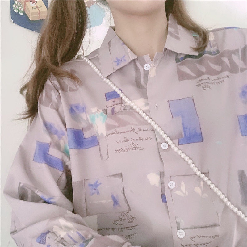 Áo Sơ Mi Nữ Dài Tay Cổ Bẻ Form Rộng In Họa Tiết Phong Cách Retro Hong Kong Mới