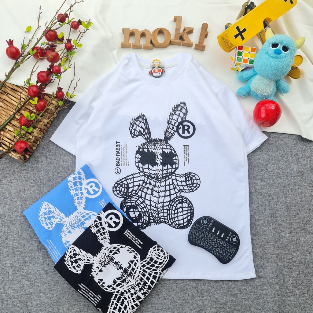 Áo phông áo thun nam nữ tay lỡ from rộng freesize chất cotton thoáng mát in thỏ lưới xung quanh mokishop