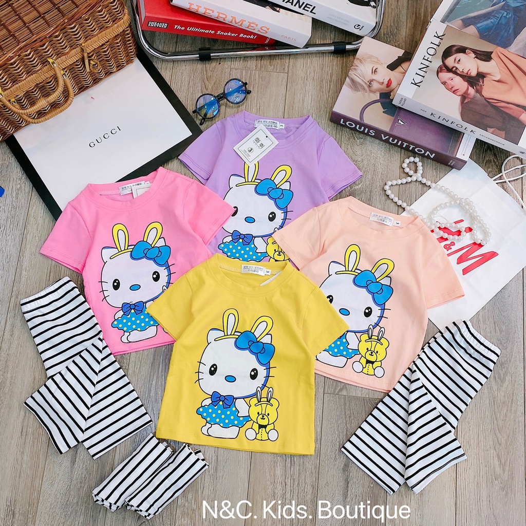 Bộ bé gái cotton tầu mèo Kitty quần legging ngố đùi kẻ sọc nhí đại 8-35kg XHN918