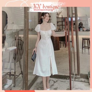 Đầm đi tiệc cưới váy trắng dự tiệc xẻ đùi quyến rũ đầm lụa trắng sang trọng váy nữ dạo phố dáng xòe K N Boutique