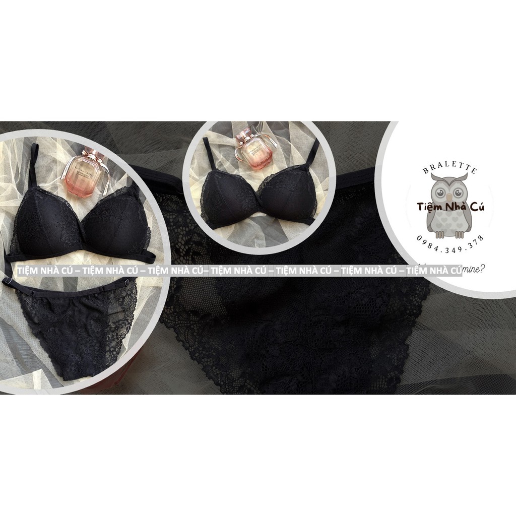 Set bra thiết kế sexy, Đồ lót nữ đen gợi cảm ôm ngực nguyên set gồm áo + quần lọt khe dây