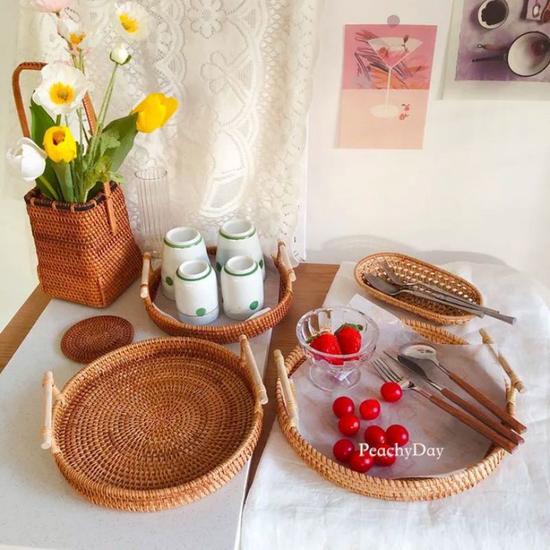 Khay mây oval, trang trí tiệc, đựng đồ, decor.