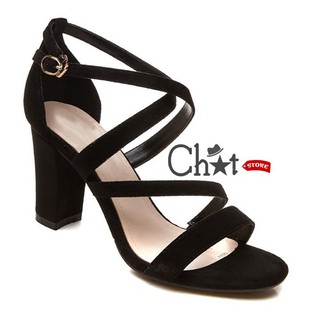 Giày sandal cao gót nữ 7p gót vuông nhỏ da nhung mềm mại hở mũi quai ngang đan chéo thời trang