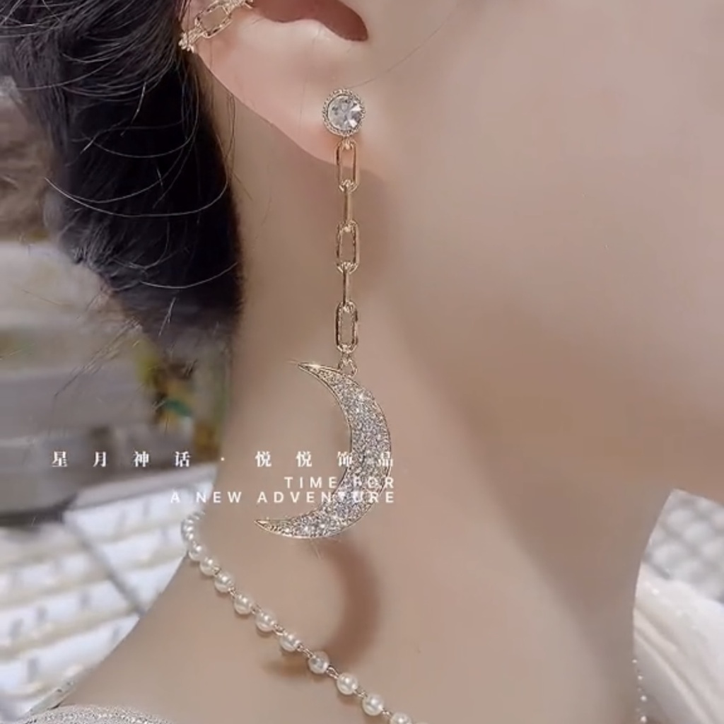 Bông Tai Mạ Bạc 925 Dáng Dài Hình Ngôi Sao Và Mặt Trăng Đính Đá Phối Tua Rua Phong Cách Hàn Quốc Chất Lượng Cao