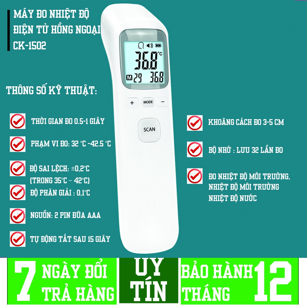 Máy đo nhiệt độ điện tử hồng ngoại đa năng đo trán CK1502 đo nhanh, chính xác (ĐỔI 1 VS 1,TẶNG KÈM PIN)