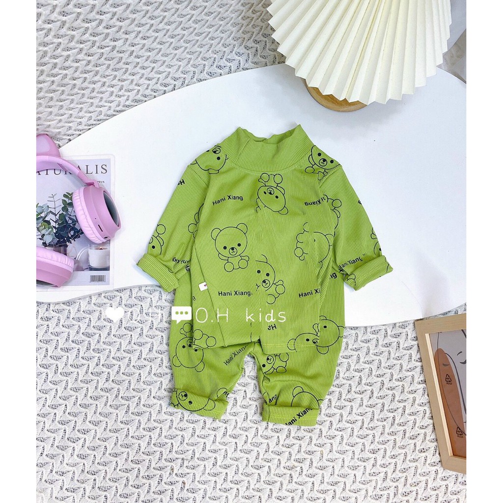 Sale! Bộ dài tay thun gân/len tăm hàng Minky mom chính hãng, họa tiết in gấu cổ trụ 3cm cho bé (5-18kg) (DT12)