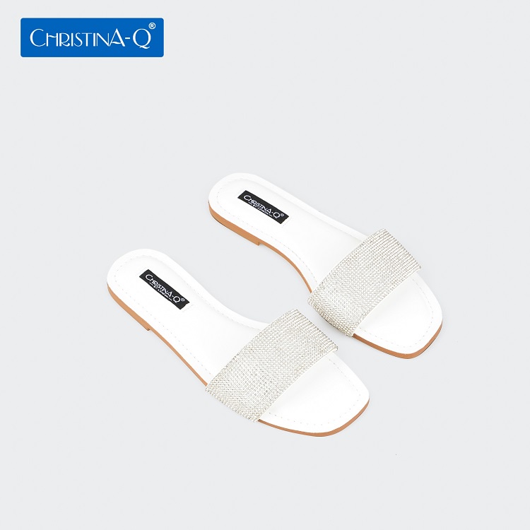 Dép Nữ Mũi Vuông Đính Hạt Quai Ngang ChristinA-Q DNU089