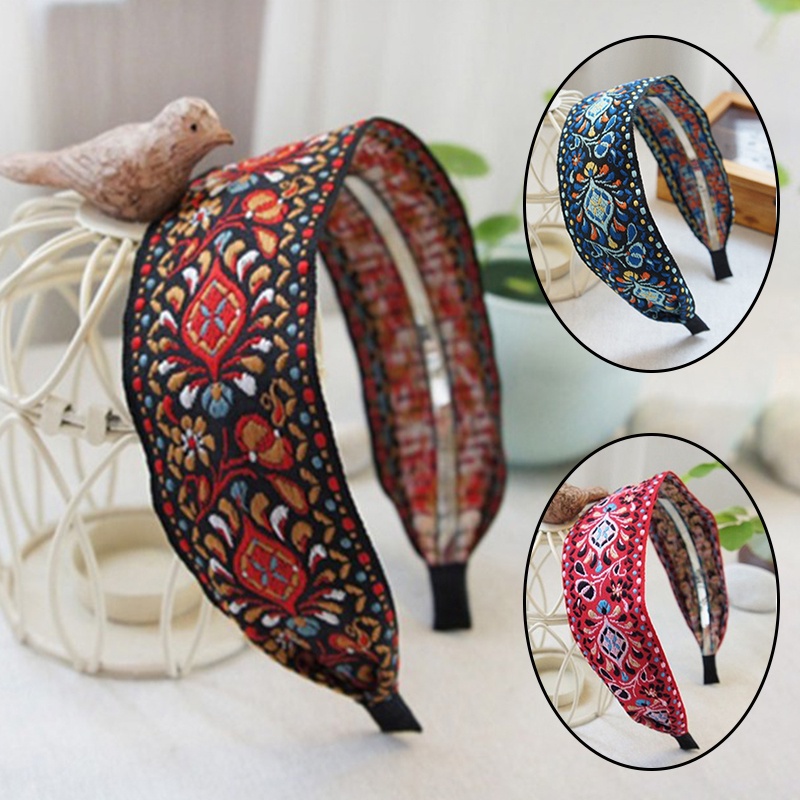 Băng Đô Cài Tóc Bản Rộng Thêu Họa Tiết Phong Cách Boho Hàn Quốc Thời Trang Cho Nữ