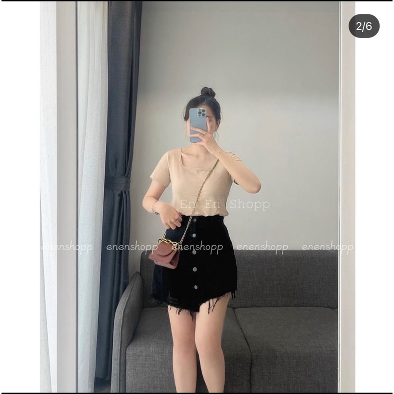 Chân váy bò đen rách cạp lệch 5 khuy