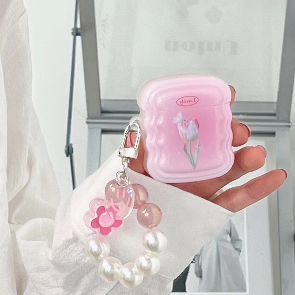 Vỏ Bảo Vệ Hộp Sạc Tai Nghe Bluetooth airpods 1 2 pro Bằng tpu Mềm Hình Hoa tulip Hồng Gắn Vòng Đeo Tay Dễ Thương Mới