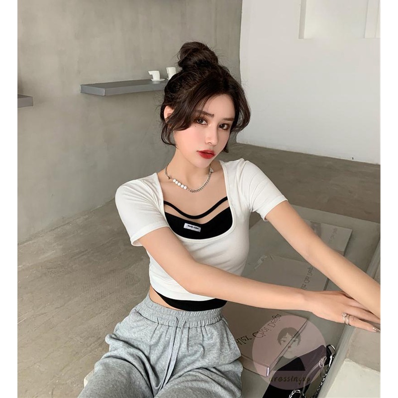 Áo Thun Tay Ngắn Cổ Chữ U Màu Trắng/Đen Cho Nữ