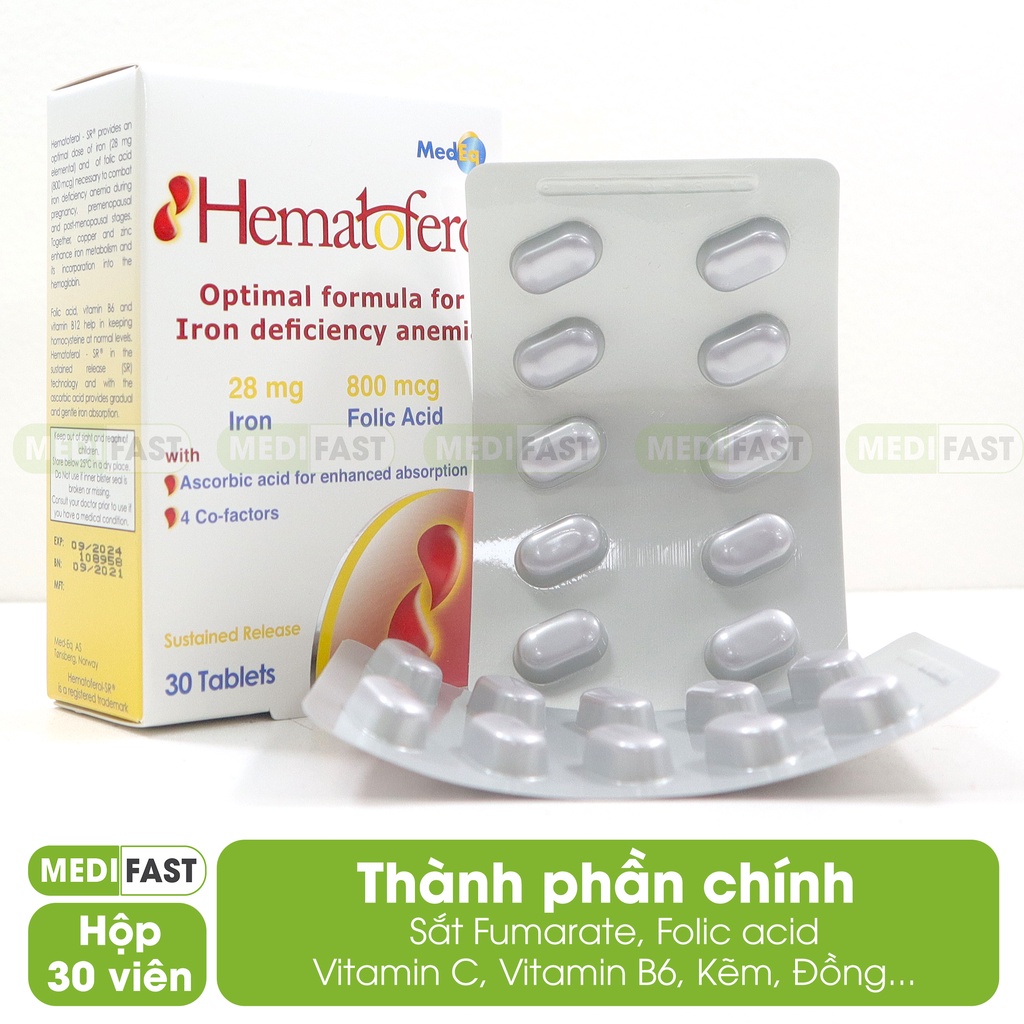 Bổ sung sắt hữu cơ Hematoferol, Vitamin B, acid folic cho cả mẹ và bé, giúp tái tạo hồng cầu Nhập khẩu Châu Âu - Hộp 30v