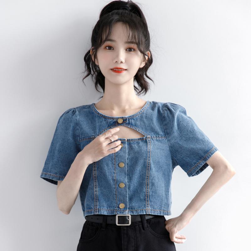 Áo Sơ Mi Denim Tay Ngắn Phong Cách Mới Mùa Hè Cho Nữ