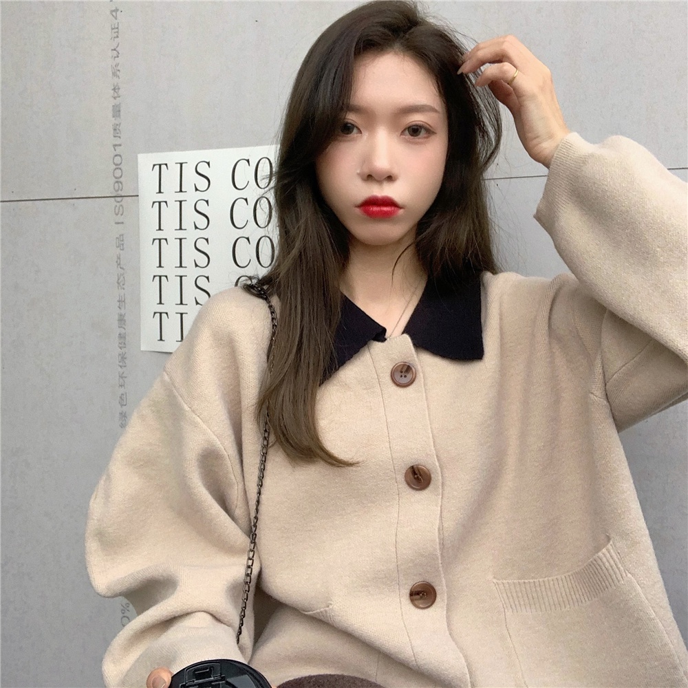 Áo khoác Cardigan dệt kim tay dài 173759Áo Sweater cổ POLO dáng rộng phối nút màu sắc trẻ trung xinh xắn | BigBuy360 - bigbuy360.vn