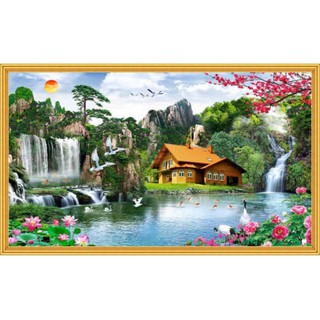 Tranh dán tường thác nước - Vải lụa phủ kim sa