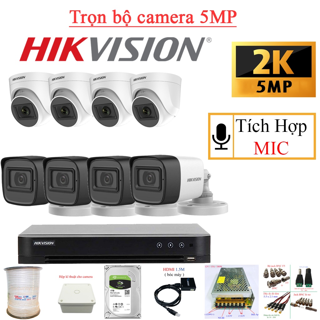 { 5Mp Tích hợp Mic } Trọn bộ 5/6/7/8 Camera Hikvision 5Mp chính hãng tích hợp Mic ghi âm, đầy đủ phụ kiện lắp đặt