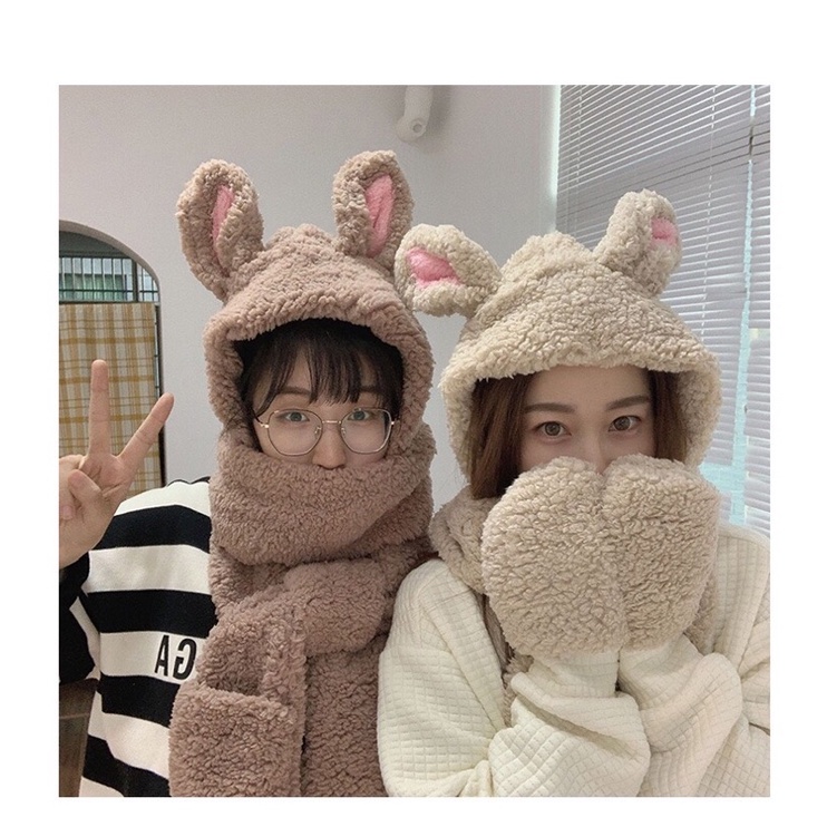 Bộ khăn kèm mũ, găng tay hình gấu thỏ cute nhiều màu/ sưt khăn mũ 3 in 1