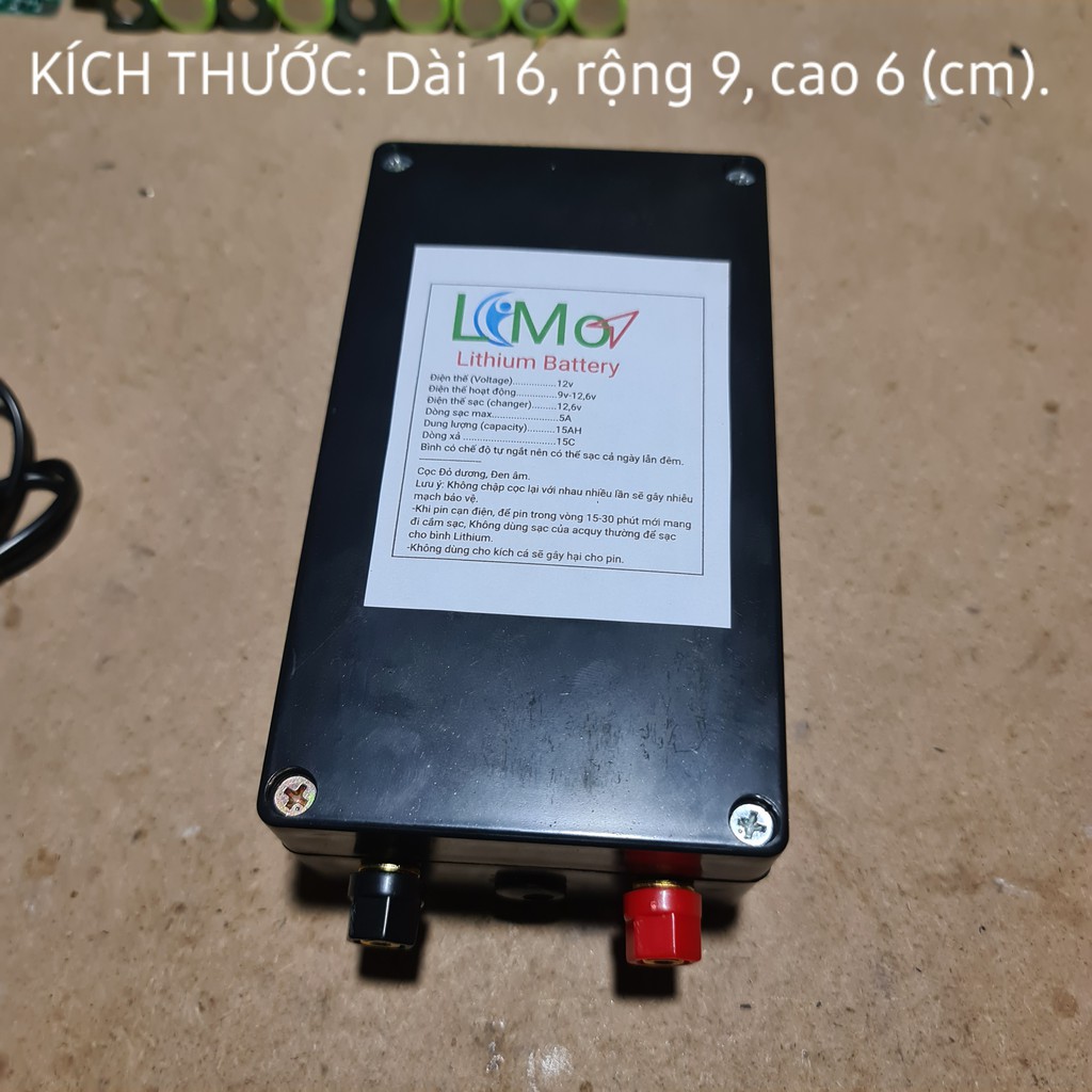 LIMO - Bình Acquy pin Lithium 12,6v 15AH Xả 60A MAX. Tặng kèm sạc 3S 12,6v. Đóng từ pin Lithium 18650 MỚI, Dòng xả cao