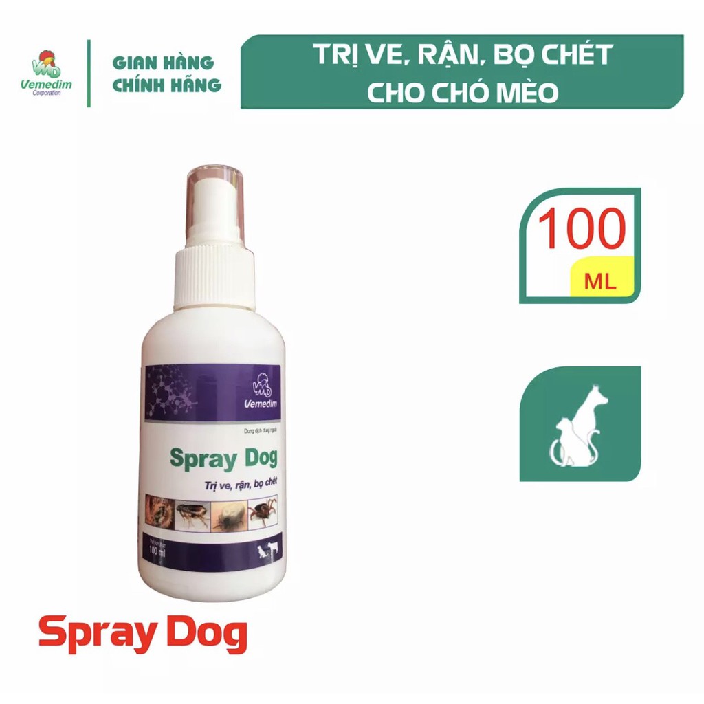 Spray dog, thuốc phun xịt da trị ve, rận, bọ chét ở chó, trâu, bò, chai 100ml