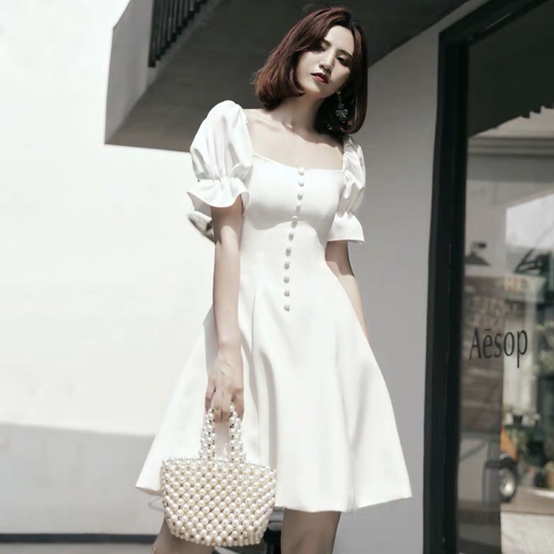 Đầm trắng cổ vuông form ngắn, váy dự tiệc, váy vintage (kèm hình thật)