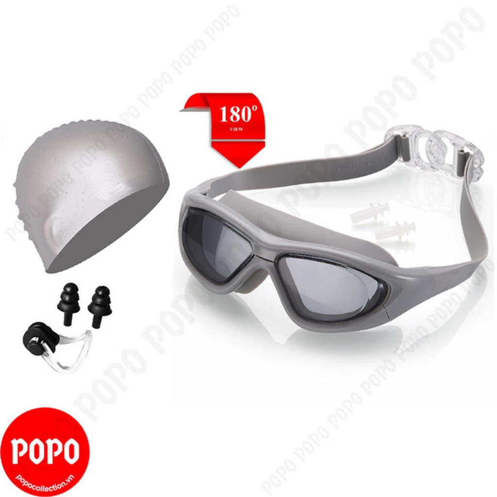 Kính bơi tầm nhìn rộng 180 độ, mũ trơn, bịt tai kẹp mũi POPO Collection mắt chống tia UV sương mờ