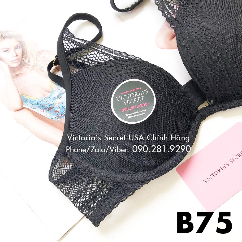 (Áo Vic B75) - Áo lót nâng ngực, mút vừa, đen tuyền phối ren Lace Black, dòng incredible - Victoria's Secret