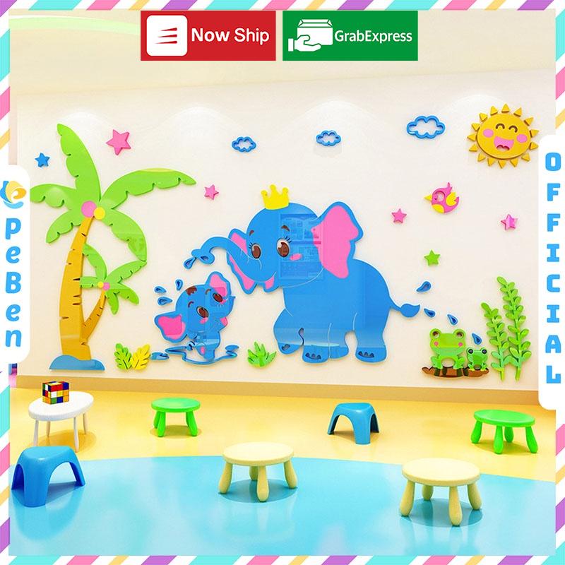 Tranh dán tường mica 3d decor khổ lớn những chú voi trong rừng trang trí mầm non, phòng cho bé Nhiều Size - EPeBen
