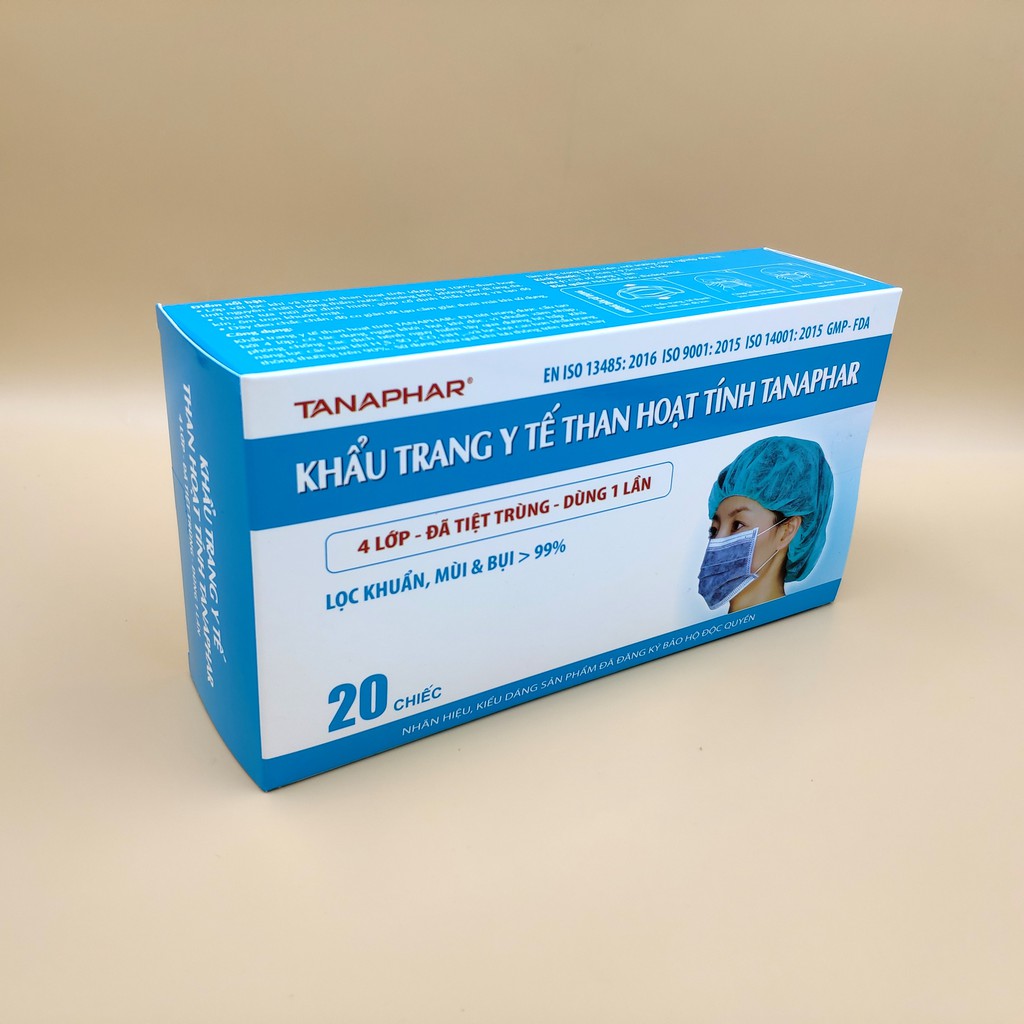 Khẩu trang y tế than hoạt tính Tanaphar 4 lớp - Hộp 20 chiếc tiệt trùng | BigBuy360 - bigbuy360.vn
