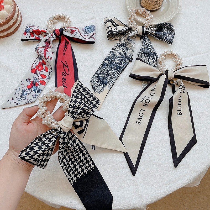 Dây buộc tóc scrunchies thắt nơ phối ngọc trai cho nữ