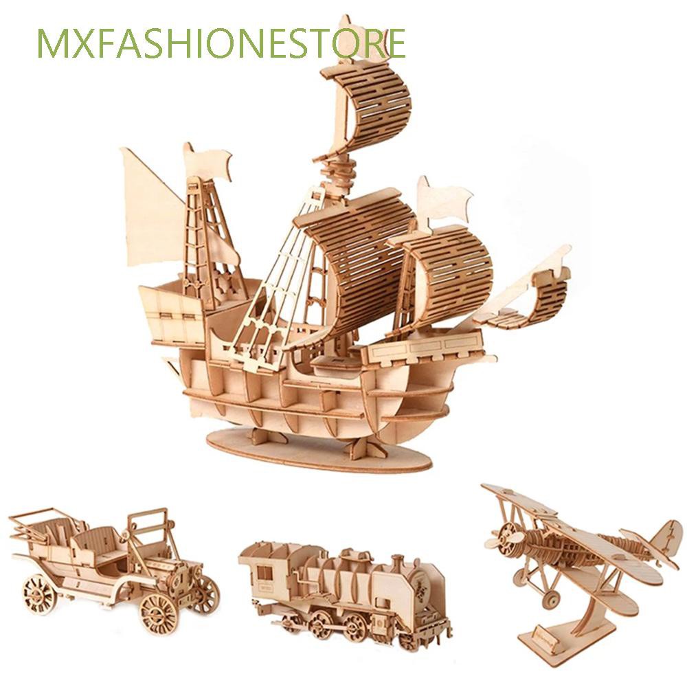 Đồ chơi lắp ráp mô hình xe cổ /tàu lửa /thuyền / máy bay 3D làm từ gỗ DIY vui nhộn cho bé