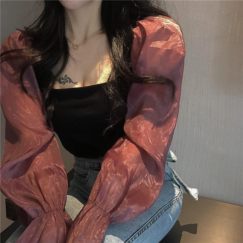 Xiaozhainv Áo kiểu chiffon tay phồng cổ vuông thời trang Hàn Quốc quyến rũ
