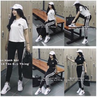 Set bộ thể thao nữ áo phông & quần dài phối sọc