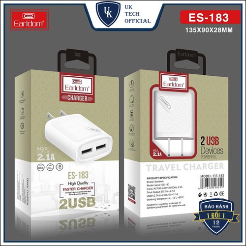 Củ Sạc nhanh Earldom ES-183 với 2 cổng USB có công suất là 2.4A Cho Điện Thoại IPhone/ Samsung/ Oppo/ Xiaomi siêu bền