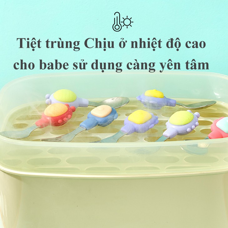 Thìa dĩa tập xúc cán ngắn INOX 316 cho bé Beedoll, muống nĩa cán ngắn silicone an toàn