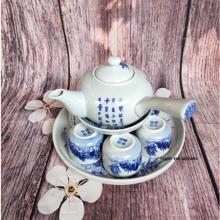 Bộ ấm chén uống trà có tay cầm, khay tròn, men lam Bát Tràng