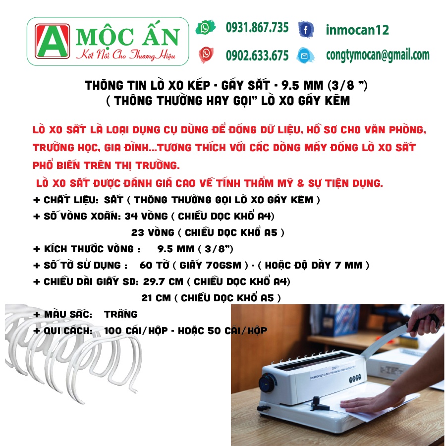 Lò Xo Gáy Kẽm 3/8"  Sử Dụng Để Đóng Cuốn, Đóng Lịch Bàn, Sổ Tay....Cắt Theo Yêu Cầu