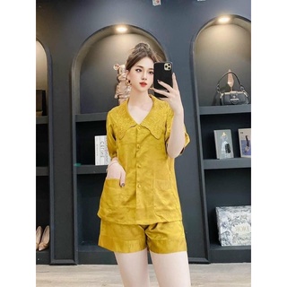 Pyjama lụa cộc đùi quảng châu vàng xinh