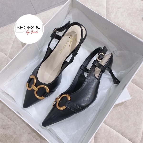 Guốc nữ SUDI G34-BAF cao 5p bít mũi biểu tượng hình tròn nối nhau có quai hậu với 3 màu trắng đen nâu dễ phối đồ