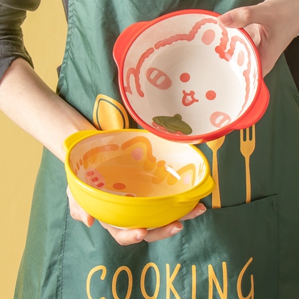 Bát  gốm sứ ăn cơm ăn dặm cho bé có quai cầm dễ thương hình thỏ 400ml LABAMO BS03