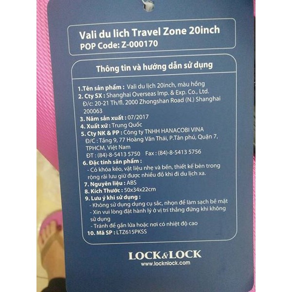 Vali kéo có khóa số du lịch Lock&Lock Travel Zone LTZ994RTSA 20 inch