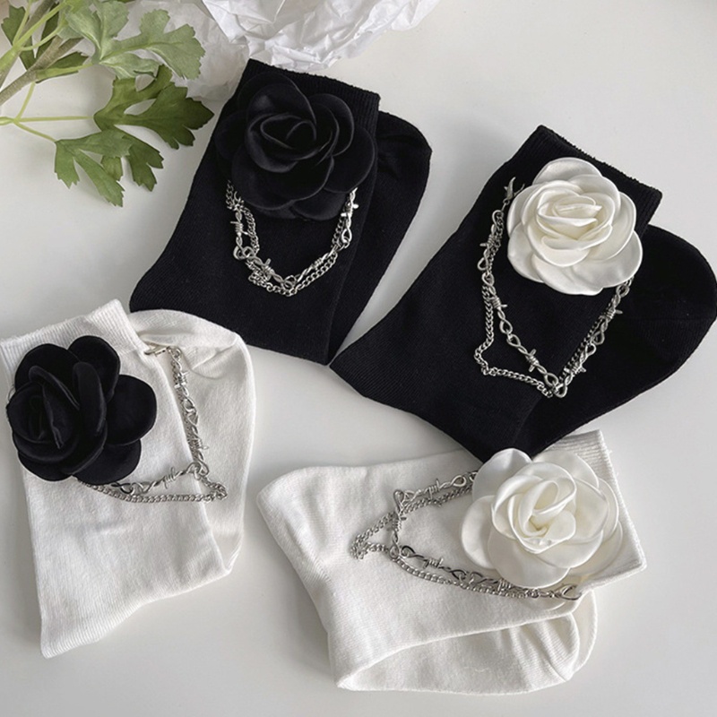 Xixi Vớ Cotton Phối Dây Xích Kim Loại Hình Hoa Trà Phong Cách Gothic Punk Harajuku Cho Nữ Sinh