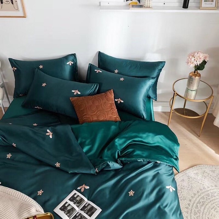 Bộ chăn ga gối drap giường chất vải Lụa Phi họa tiết Ong xanh